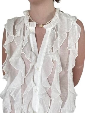 Zara Sheer Ruffle-Front Sleeveless Blouse in Cream, Sz S